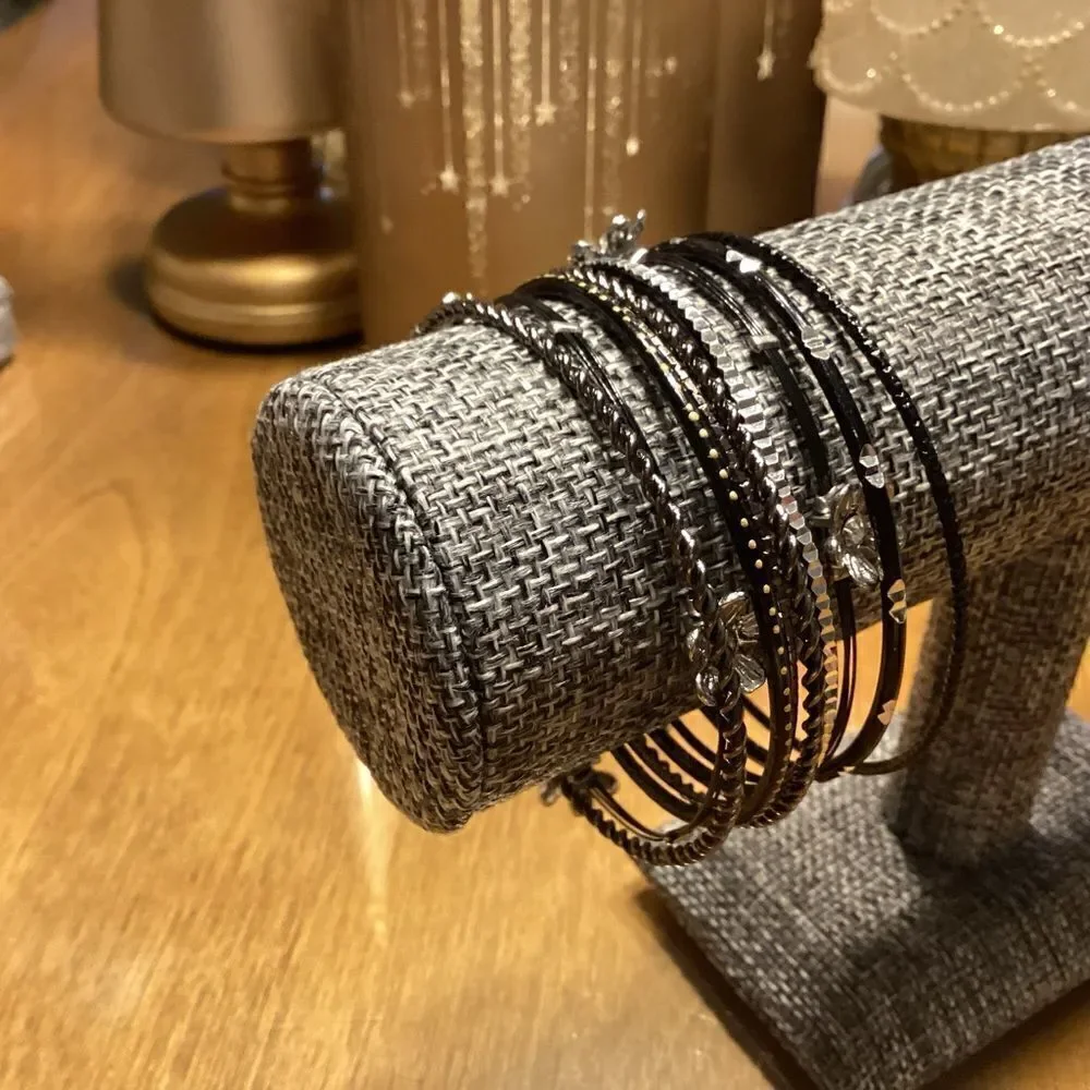 Set of 9 Gunmetal and Black Metal Bangle Bracelets